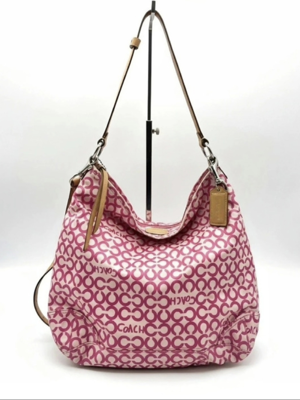 Coach Leah Op Art Signature Hobo Pink & White Convertible Hobo Bag